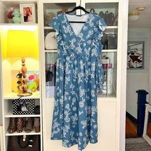 Blue Floral Ruffle Sleeve Belted Wrap Style Dress Size 12